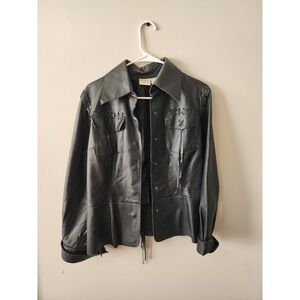 Newport News Jeanology Black Genuine Leather Lace Up Biker Jacket Y2K Size 6